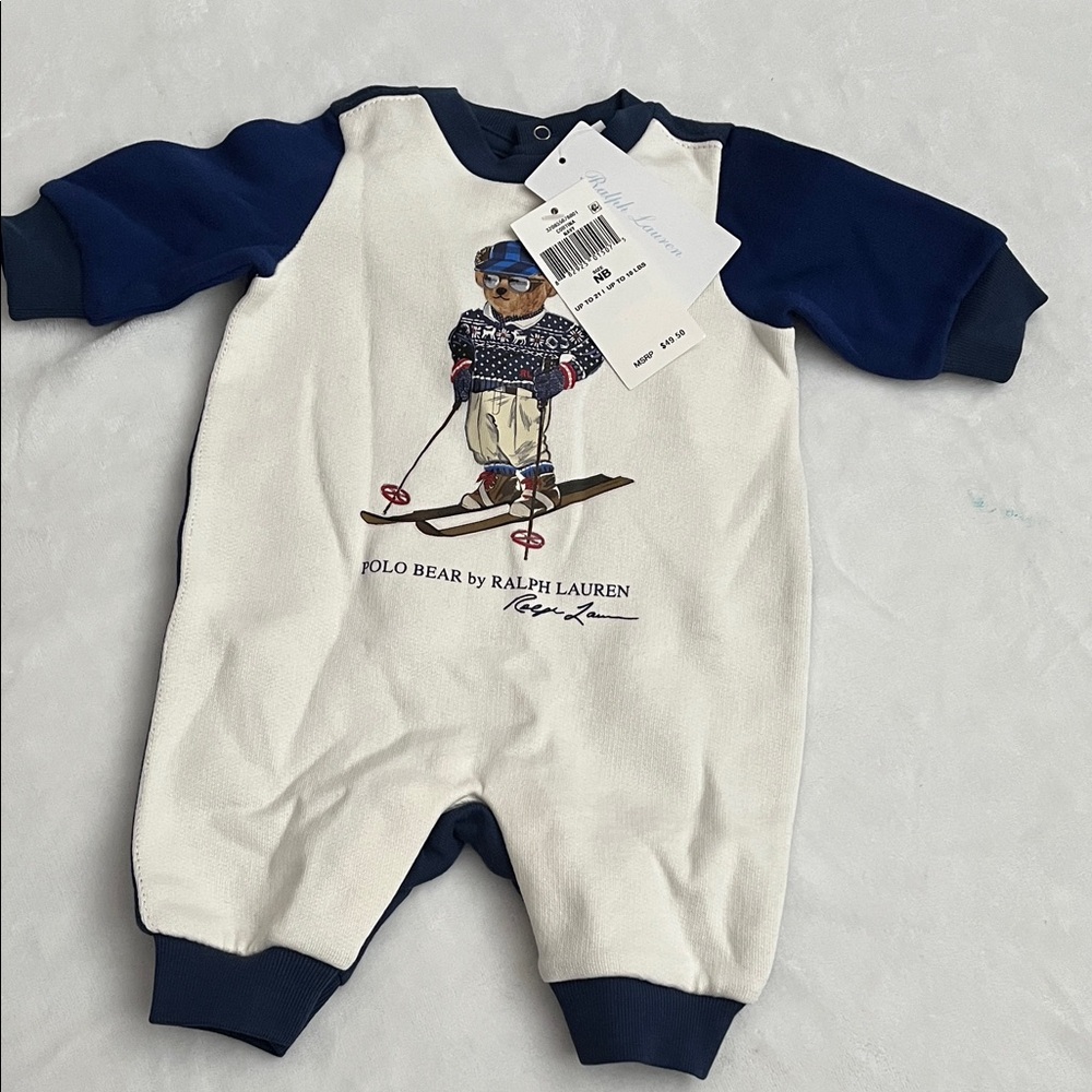 Ralph Lauren Kids Polo Bear Footie - Blue and White